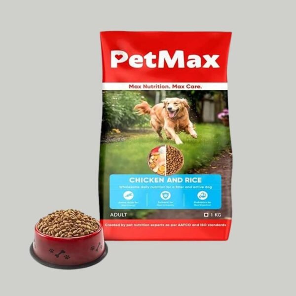 PetMax Adult Dry Dog Food - Chicken and Rice Flavour | Nutritionally Balanced & Healthy Meal for Optimal Digestion, Strong Bones & Shiny Coat (1kg)